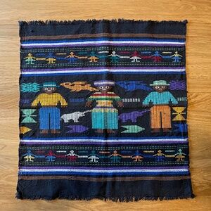 Vintage Guatemalan Tapestry Square 20 Inch People and Animals Hand Loomed Black